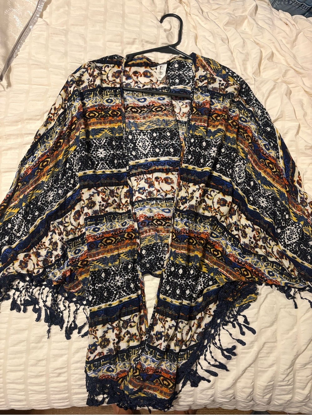 Fringed Open-Front Boho Cape Jacket - Navy Multi